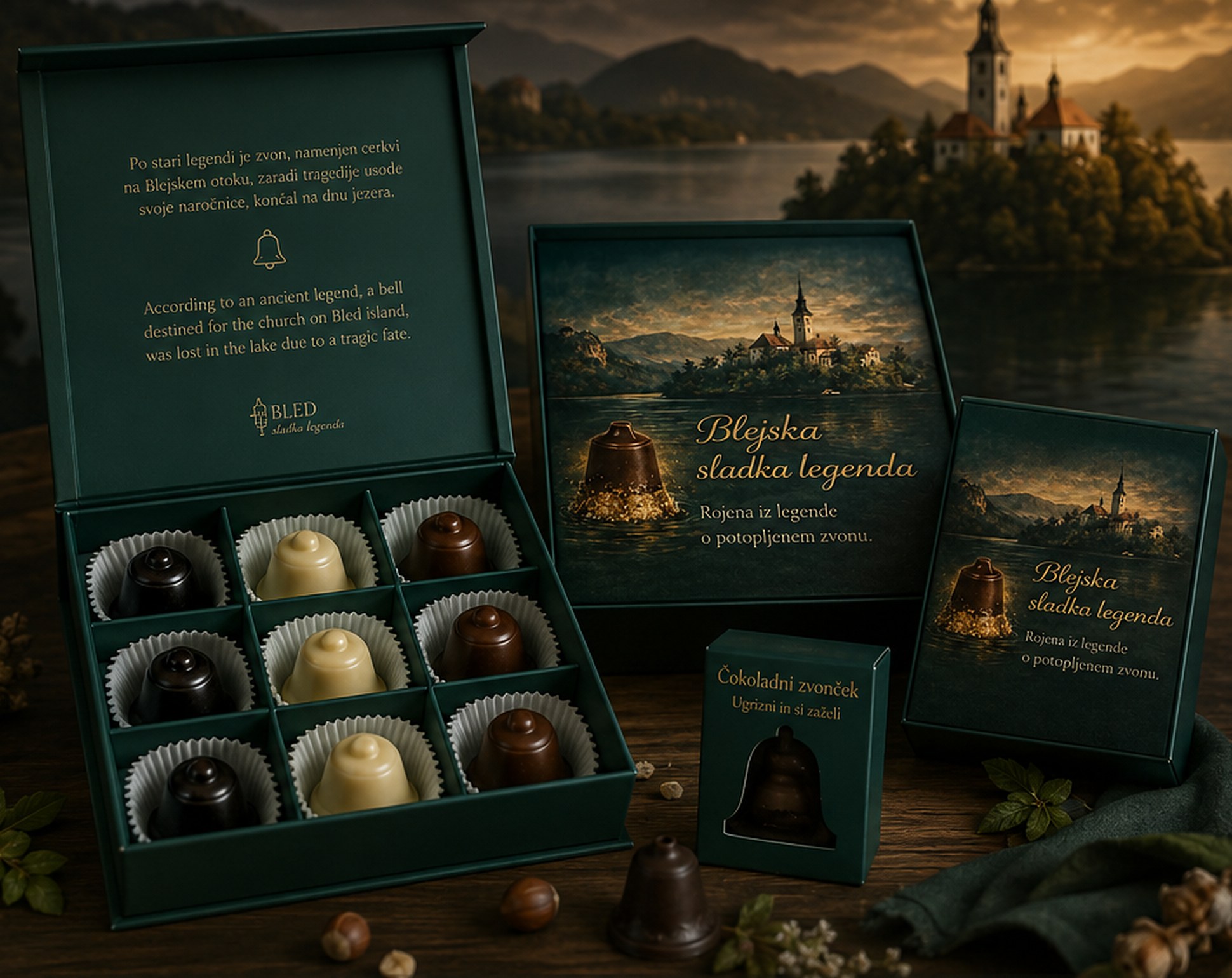 Bled Sweet Legend packaging in front of Lake Bled