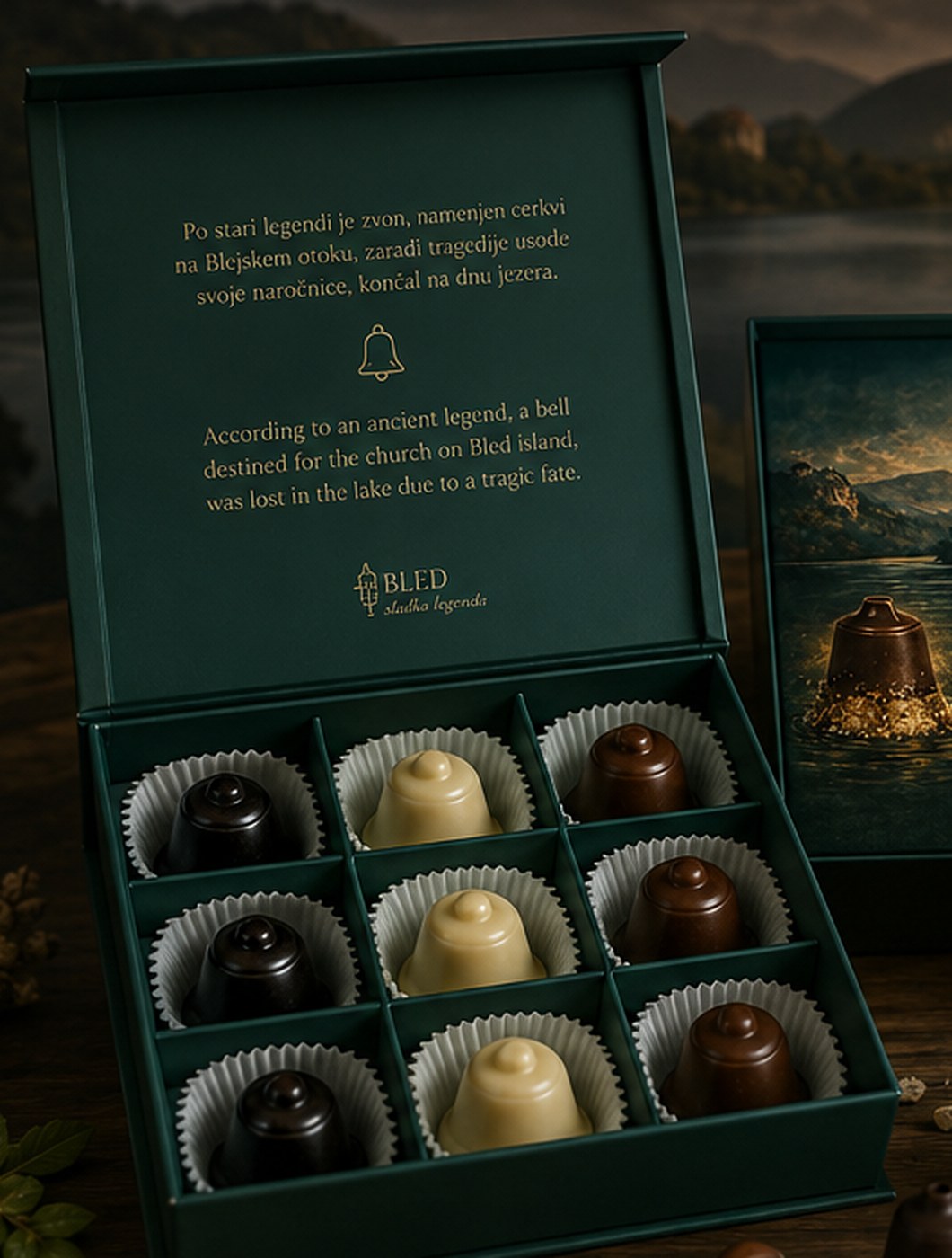 Open box with nine chocolate bells